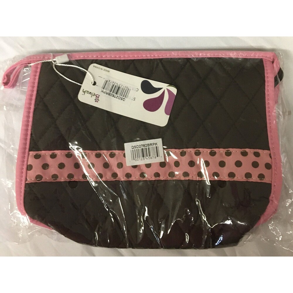 Embroidery Blank Retired Belvah Cosmetic Bag Pouch Brown Pink NWT